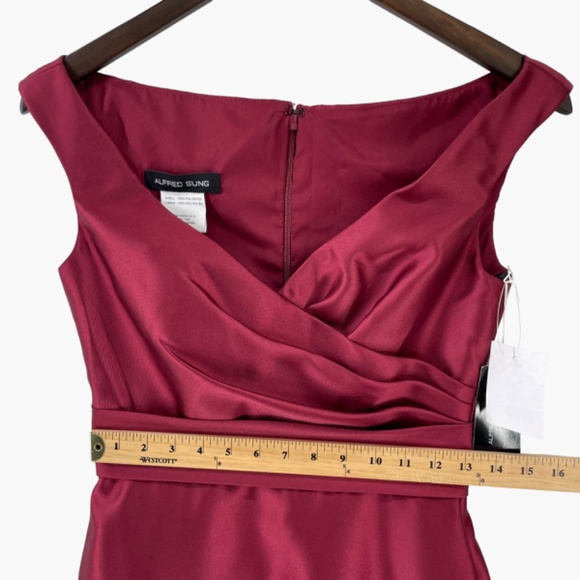Alfred Sung Off the Shoulder Satin Maxi Dress in Burgundy‎ Red - Picture 8 of 9